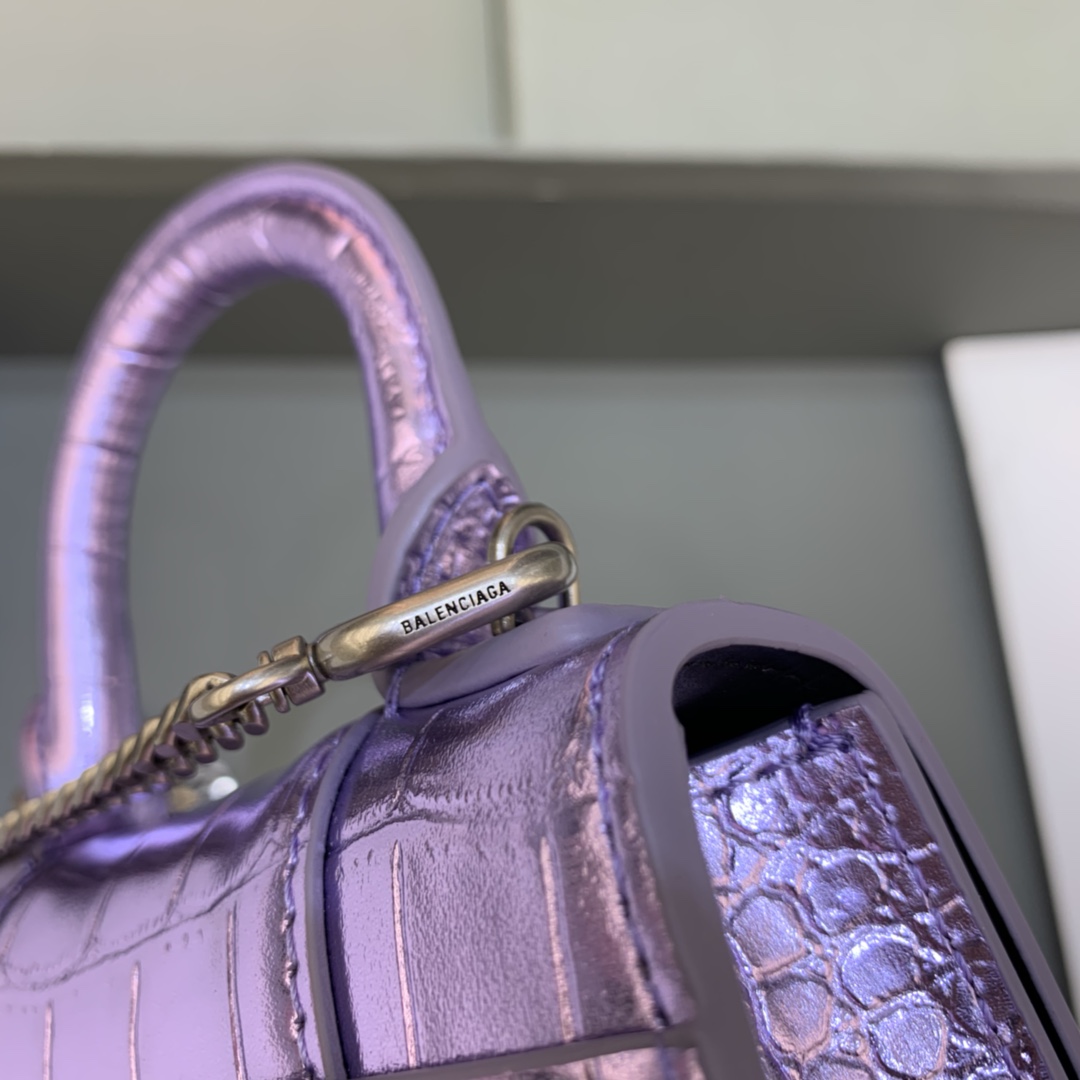 Balenciaga Hourglass Mini Handbag With Chain Crocodile Embossed Shoulder Bag Light Purple